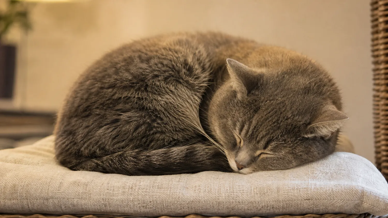 Chat endormi paisiblement en boule sur un coussin moelleux, lumière douce d'intérieur