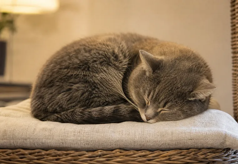 Chat endormi paisiblement en boule sur un coussin moelleux, lumière douce d'intérieur