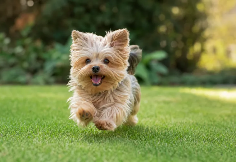 Petit chien de race toy en train de courir joyeusement dans un jardin, en pleine lumière naturelle