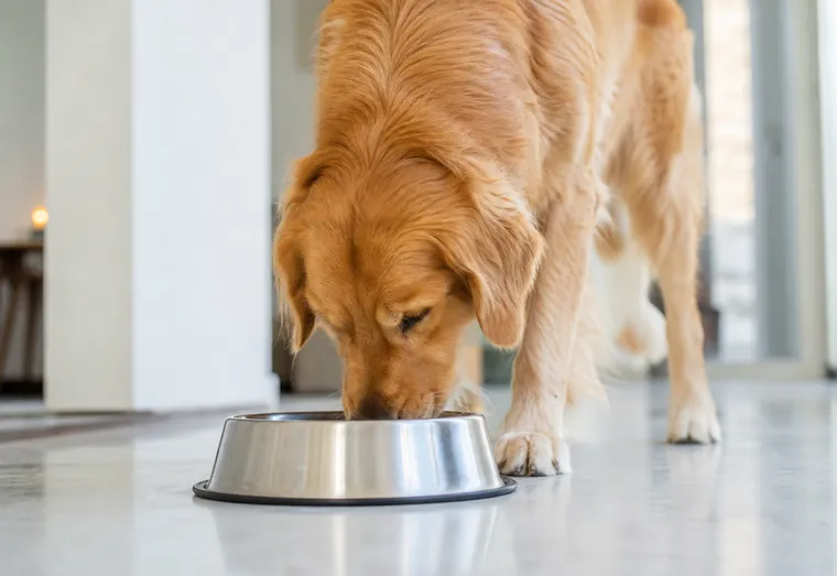 Chien buvant de l'eau dans sa gamelle à l'intérieur, en pleine lumière naturelle douce