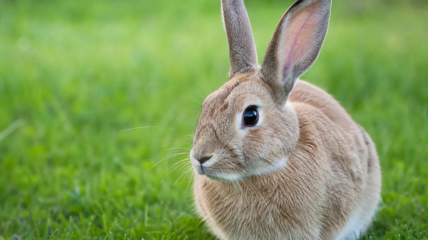 Lapin domestique aux longues oreilles, assis calmement dans l'herbe, en pleine lumière naturelle
