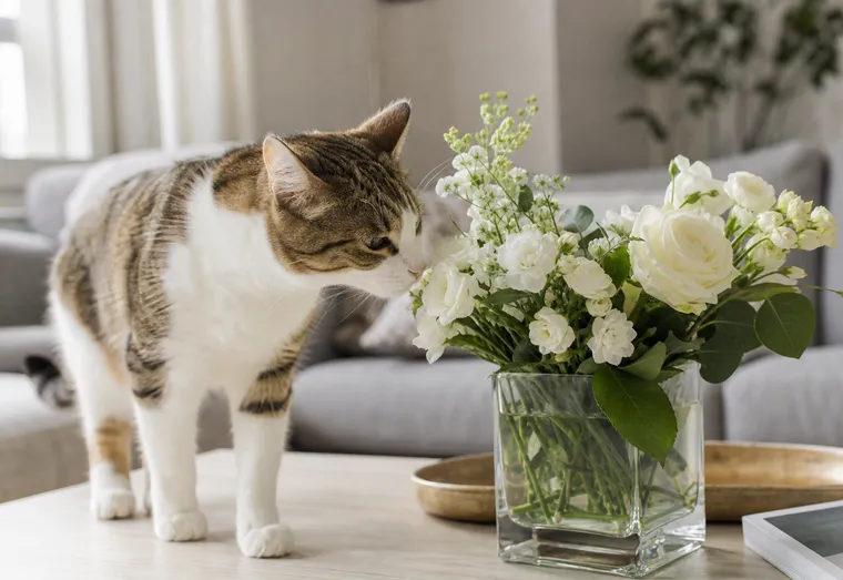 Chat curieux qui s'approche d'un bouquet de fleurs blanches posé sur une table, en lumière naturelle douce