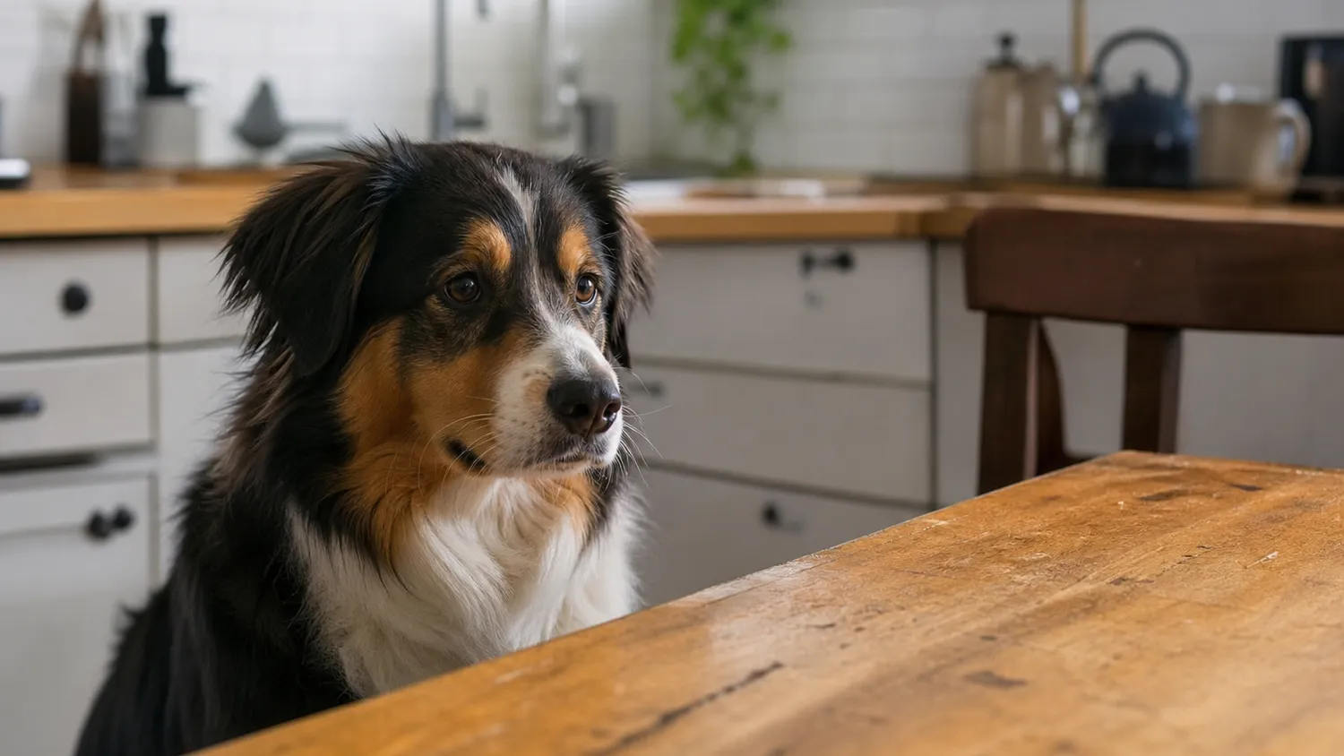 Chien attentif dans une cuisine, assis près d'une table, en pleine lumière naturelle douce