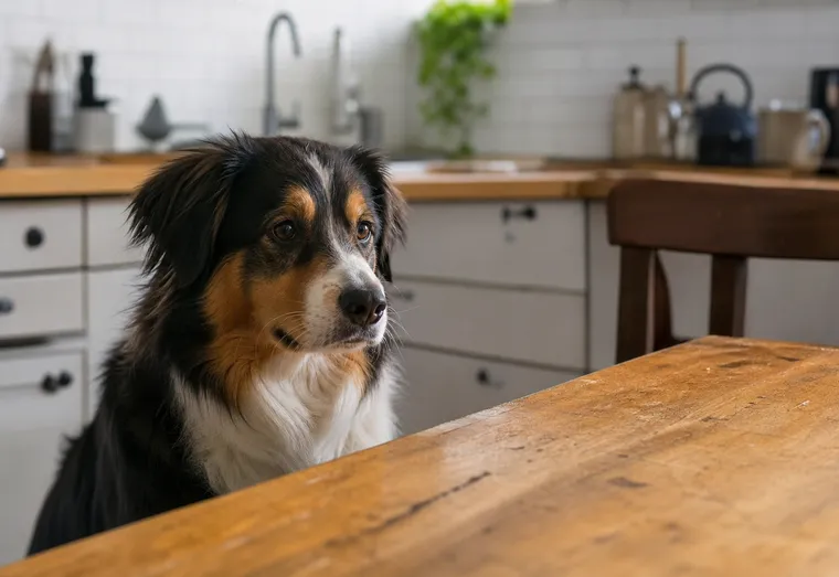 Chien attentif dans une cuisine, assis près d'une table, en pleine lumière naturelle douce