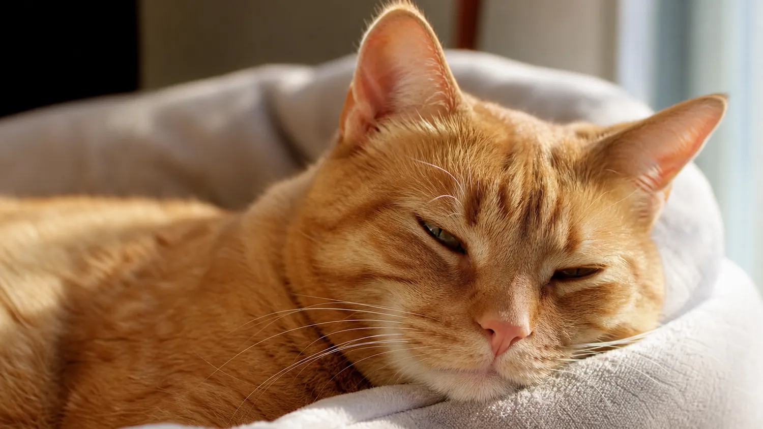 Chat au pelage roux allongé calmement, yeux mi-clos, en pleine lumière naturelle douce