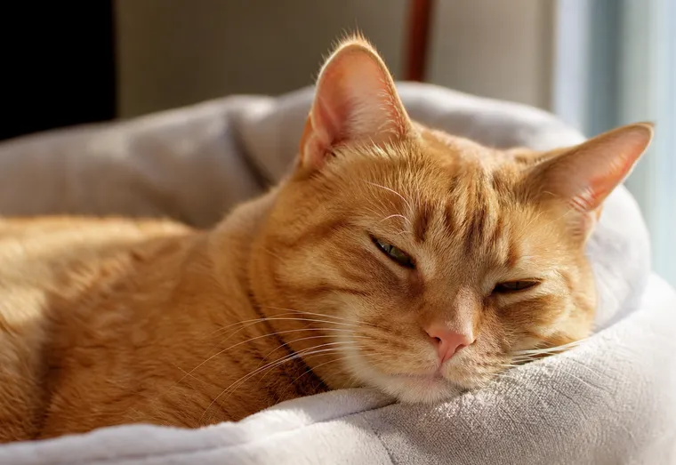 Chat au pelage roux allongé calmement, yeux mi-clos, en pleine lumière naturelle douce