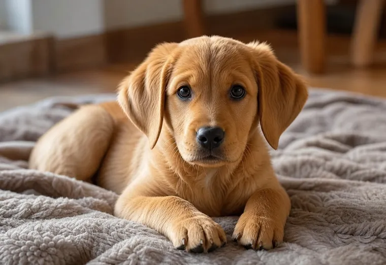 Chiot allongé calmement sur une couverture douce à l'intérieur, en pleine lumière naturelle