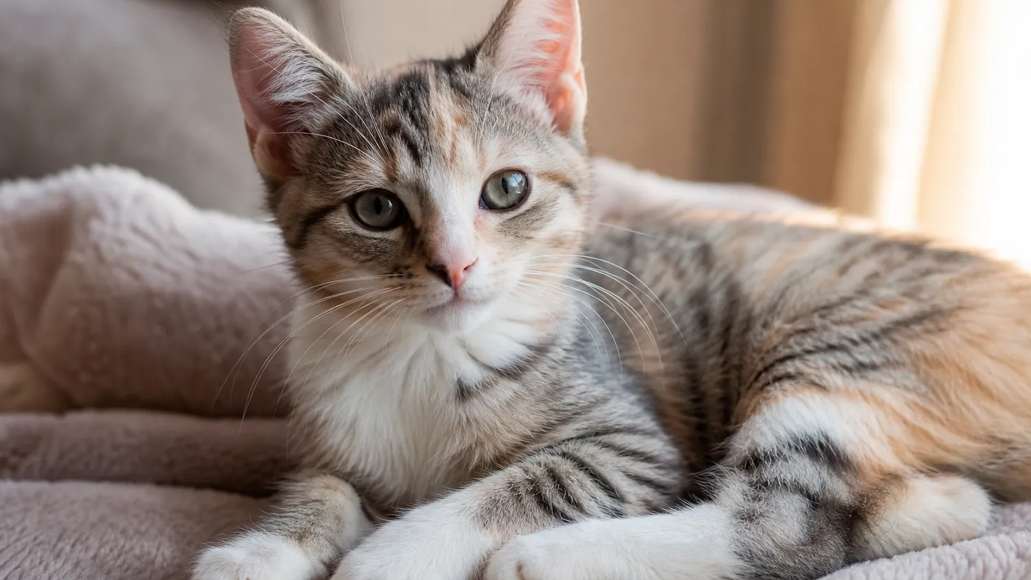 Chaton allongé calmement sur une couverture douce à l'intérieur, en pleine lumière naturelle