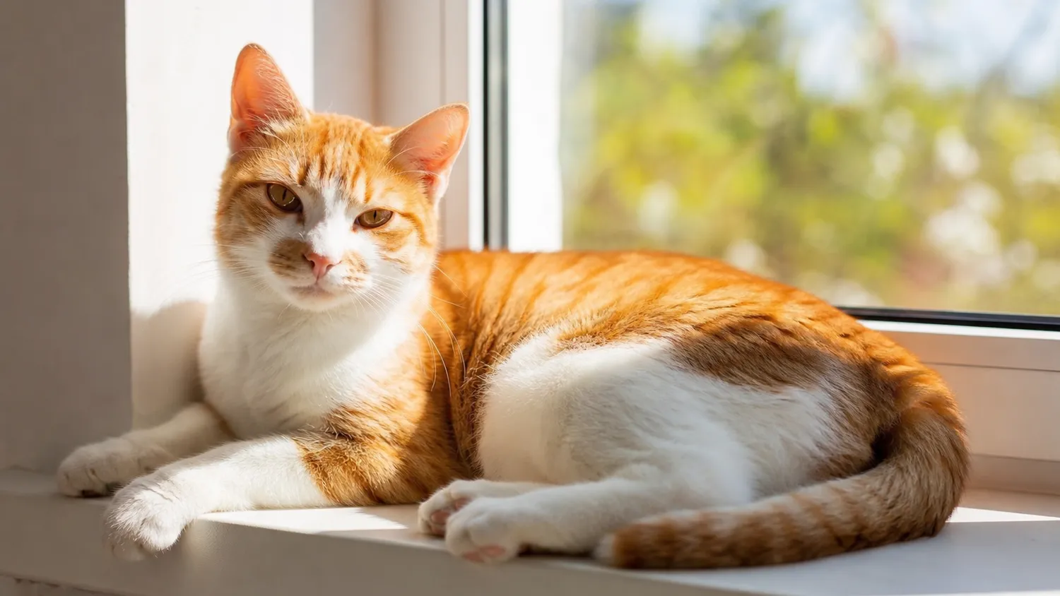 Chat au pelage roux et blanc allongé calmement sur un rebord de fenêtre, en pleine lumière naturelle douce