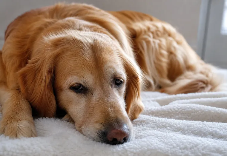 Chienne allongée calmement sur une couverture douce à l'intérieur, en pleine lumière naturelle