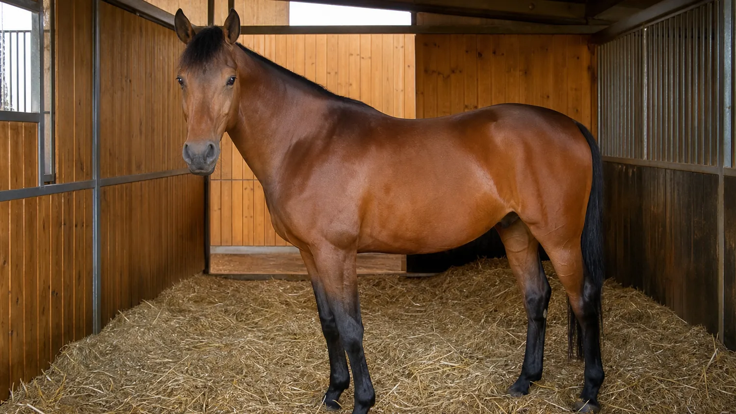 Cheval brun dans un box en pleine lumière naturelle, jambes visibles, à l'intérieur d'une écurie