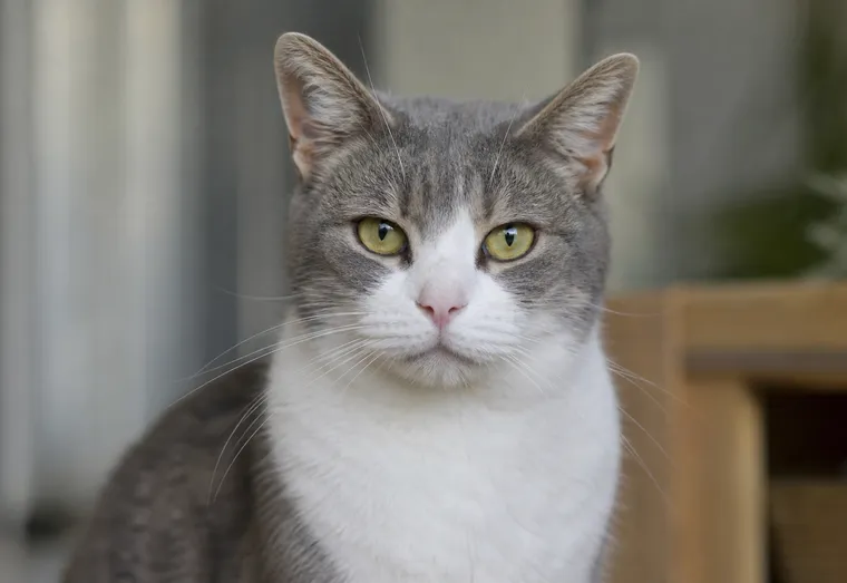 Chat au pelage gris et blanc regardant de face à l'intérieur, en pleine lumière naturelle douce
