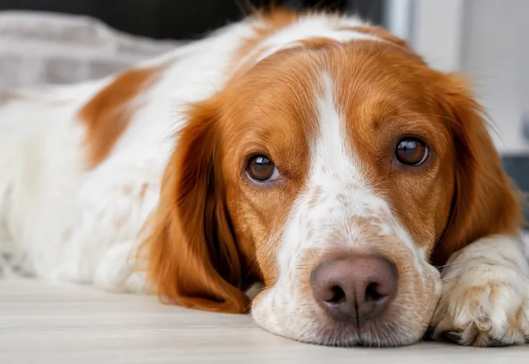 Chien au pelage blanc et roux, truffe visible de près, allongé à l'intérieur en pleine lumière naturelle