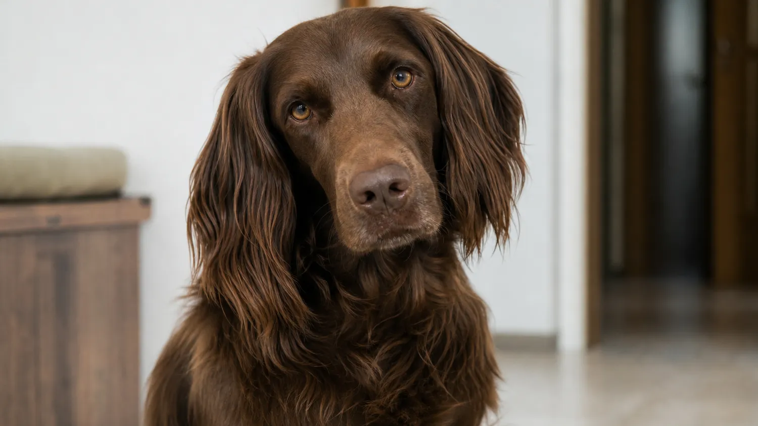 Chien aux oreilles tombantes et pelage brun assis à l'intérieur, tête légèrement inclinée, en lumière naturelle