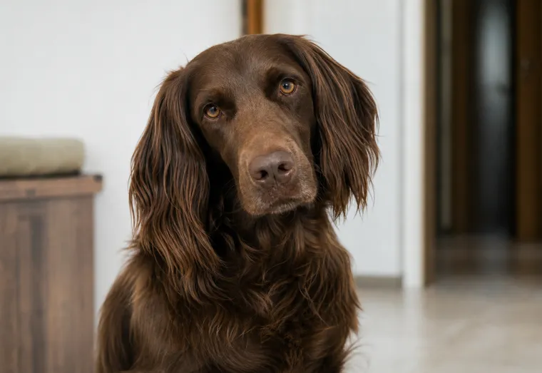 Chien aux oreilles tombantes et pelage brun assis à l'intérieur, tête légèrement inclinée, en lumière naturelle