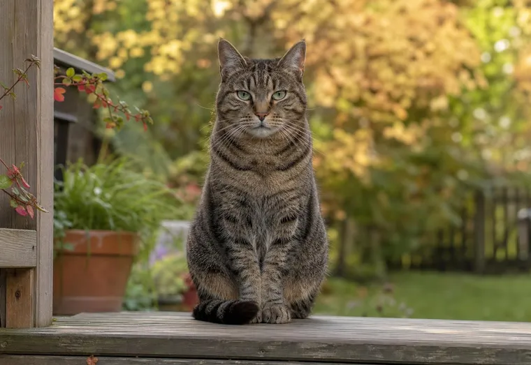 Chat tigré assis fièrement sur le pas de la porte d'un jardin, au petit matin, feuillage d'automne en arrière-plan
