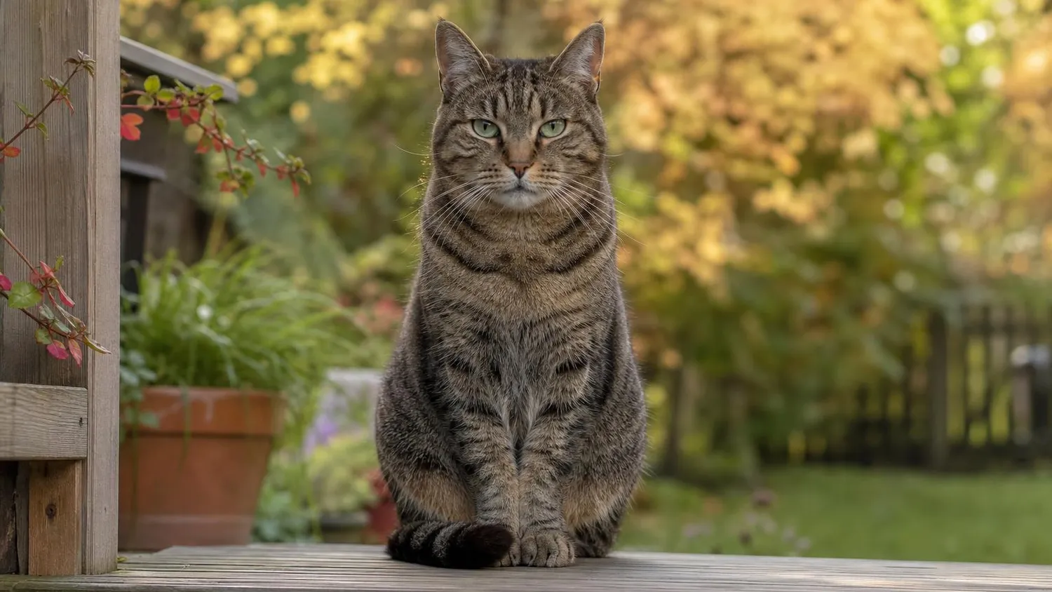 Chat tigré assis fièrement sur le pas de la porte d'un jardin, au petit matin, feuillage d'automne en arrière-plan