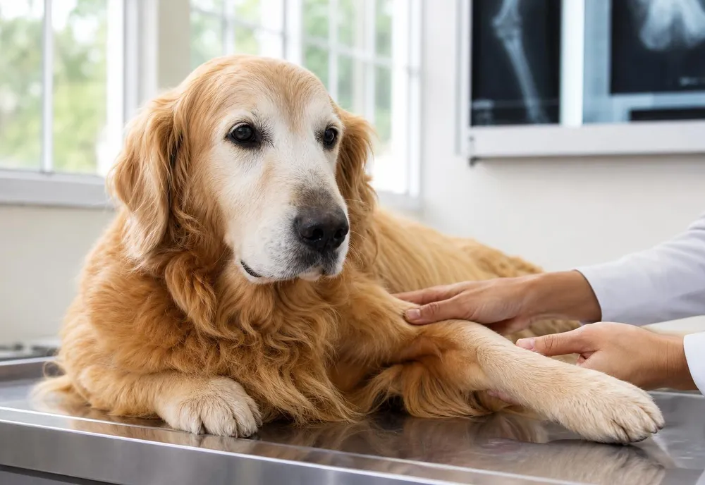 Golden retriever âgé allongé calmement sur une table d'examen pendant qu'un vétérinaire examine sa patte avant
