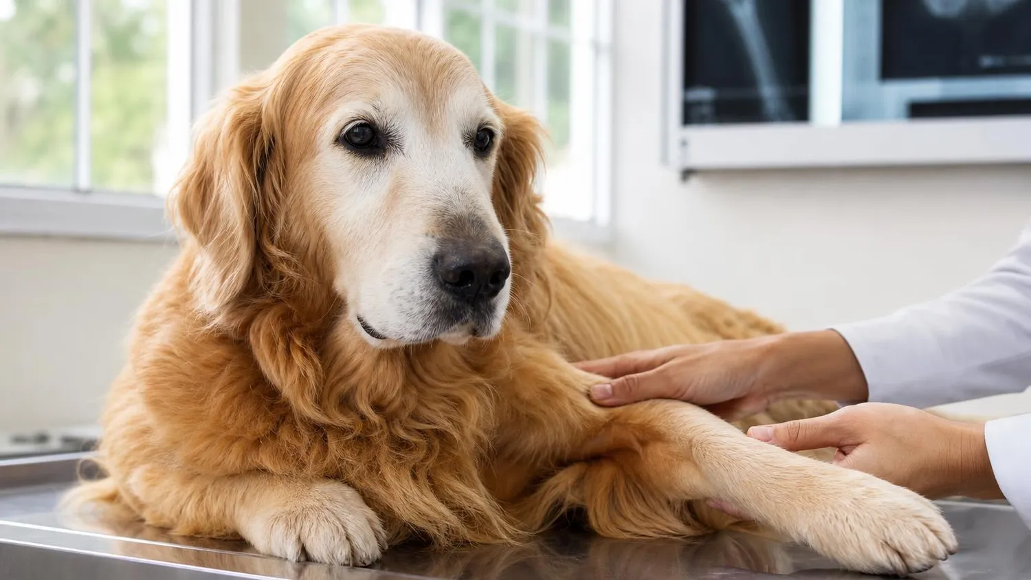 Golden retriever âgé allongé calmement sur une table d'examen pendant qu'un vétérinaire examine sa patte avant