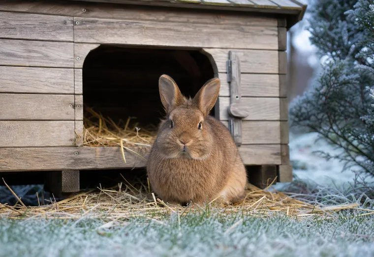 Lapin brun assis dans la paille à l'entrée d'un clapier en bois surélevé, un matin d'hiver givré au jardin
