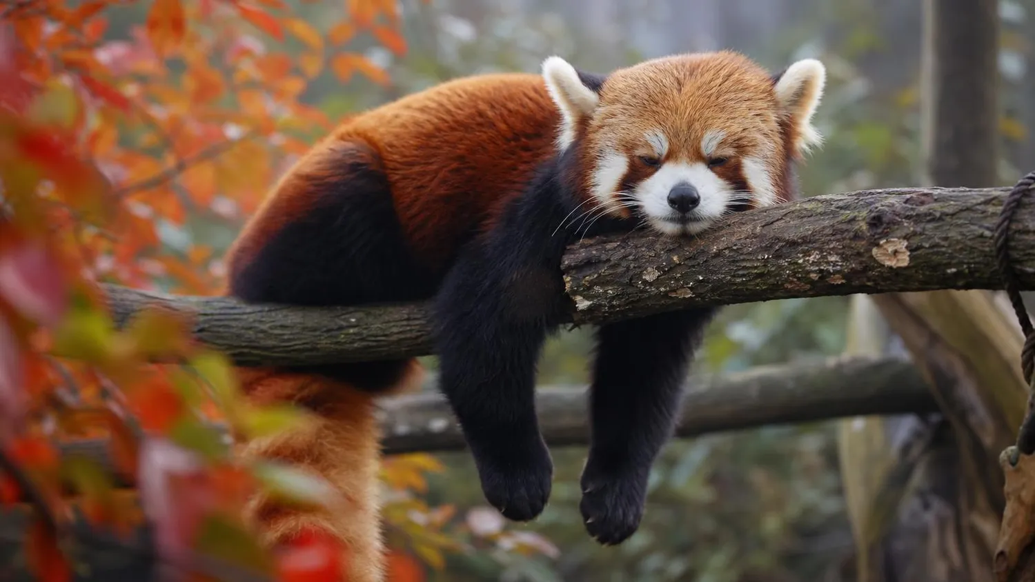 Panda roux allongé sur une branche dans un parc zoologique, entouré de feuilles d'automne rouges et dorées
