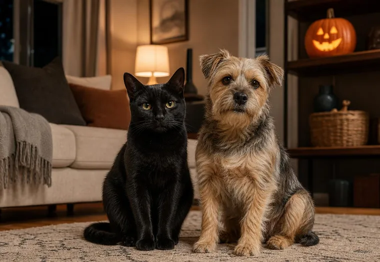 Chat noir et petit terrier assis tranquillement sur un tapis de salon, une citrouille sculptée posée en hauteur sur une étagère
