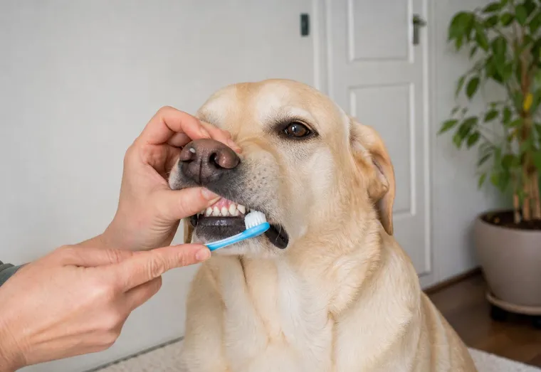 Labrador adulte assis calmement pendant qu'une main lui tient le museau et lui brosse les dents avec une petite brosse