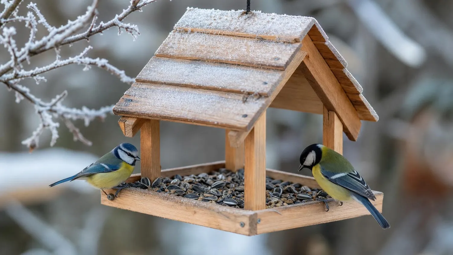 Mésange bleue et mésange charbonnière perchées sur une mangeoire en bois propre, dans un jardin givré d'hiver