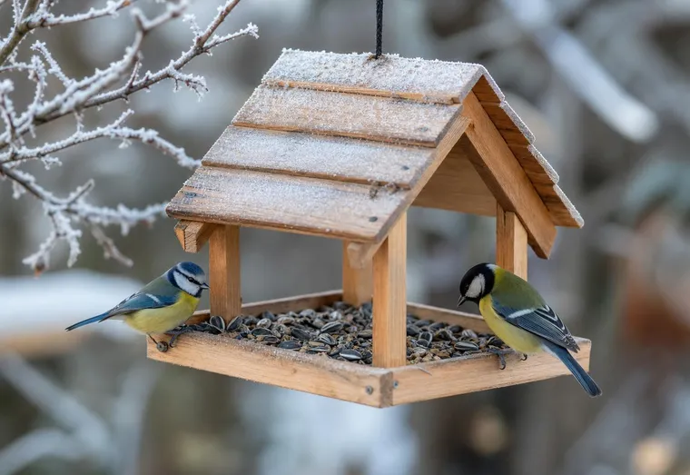 Mésange bleue et mésange charbonnière perchées sur une mangeoire en bois propre, dans un jardin givré d'hiver