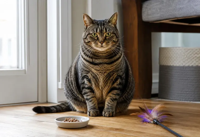 Chat tigré en surpoids assis à côté d'une petite gamelle et d'une canne à plumes sur un parquet clair