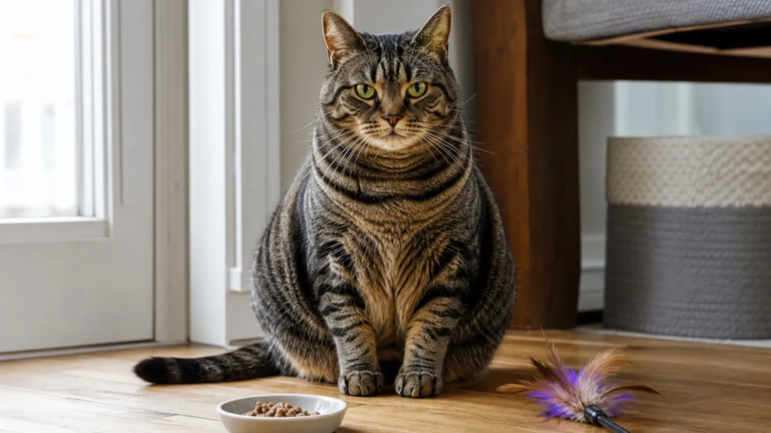 Chat tigré en surpoids assis à côté d'une petite gamelle et d'une canne à plumes sur un parquet clair