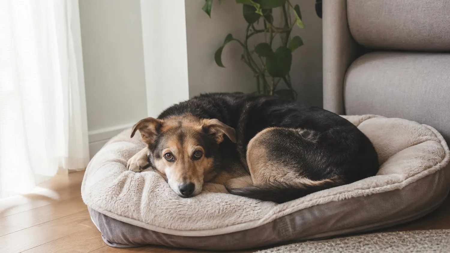 Chien adulte de refuge allongé calmement sur un panier neuf dans le coin tranquille d'un salon lumineux