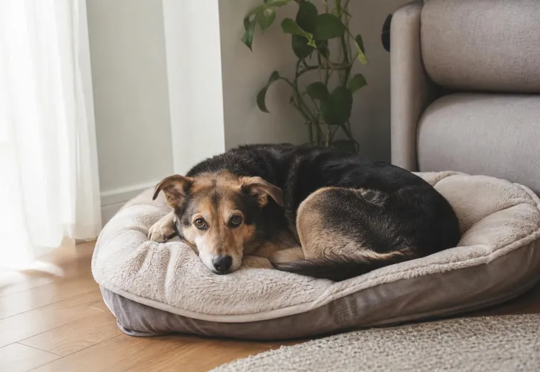 Chien adulte de refuge allongé calmement sur un panier neuf dans le coin tranquille d'un salon lumineux