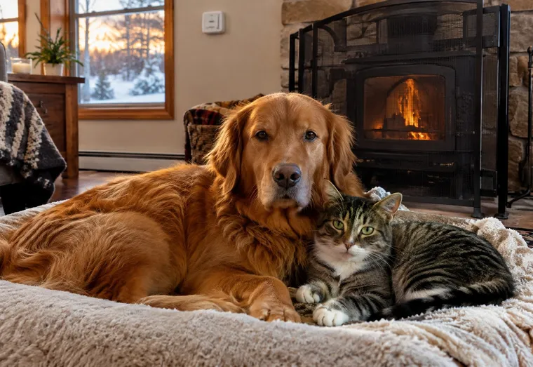 Chat et chien couchés ensemble dans un salon d'hiver près d'un poêle à bois protégé par une grille, un détecteur de monoxyde de carbone fixé au mur