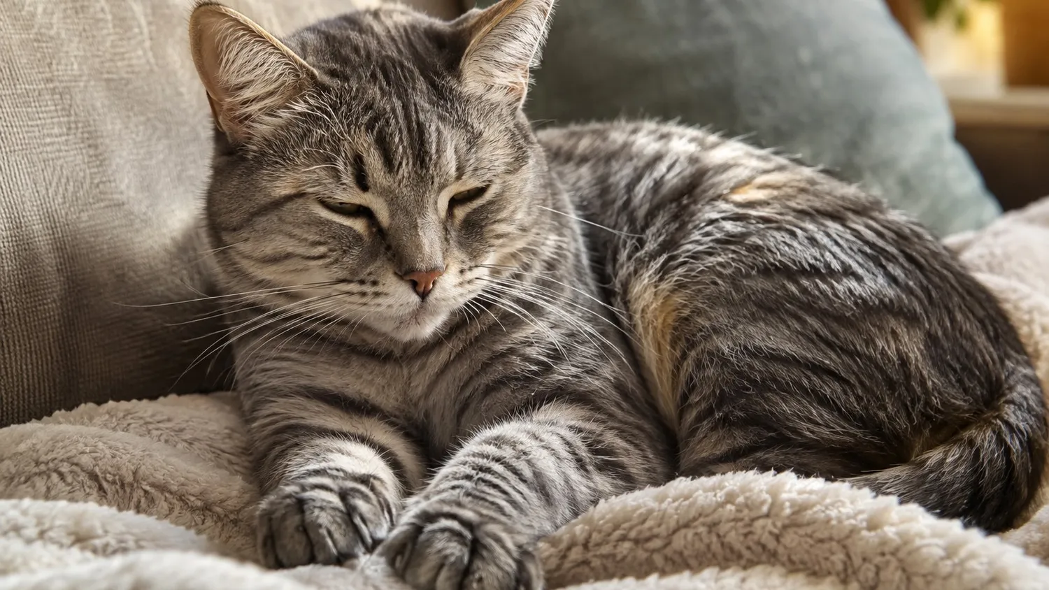 Chat tigré gris détendu, les yeux mi-clos, couché sur une couverture et pétrissant avec ses pattes avant